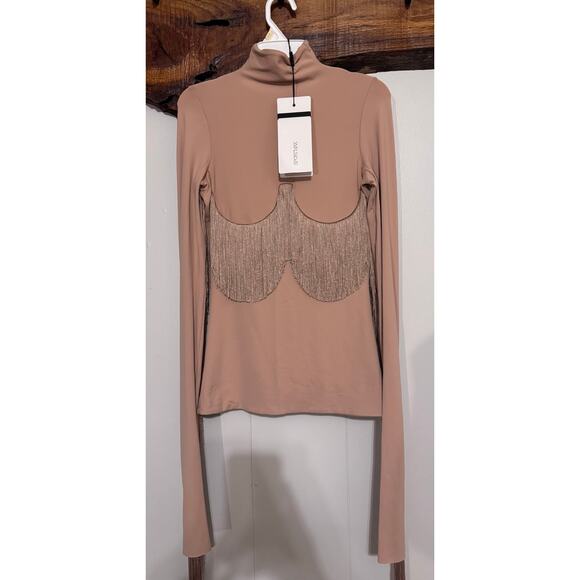 NWT Max Mara SportMax Nude Pink Fringe Bodycon Turtleneck Long Sleeve Top Size S - Picture 1 of 10